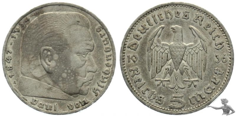 3. Reich 5 Mark 1936 A - Silber